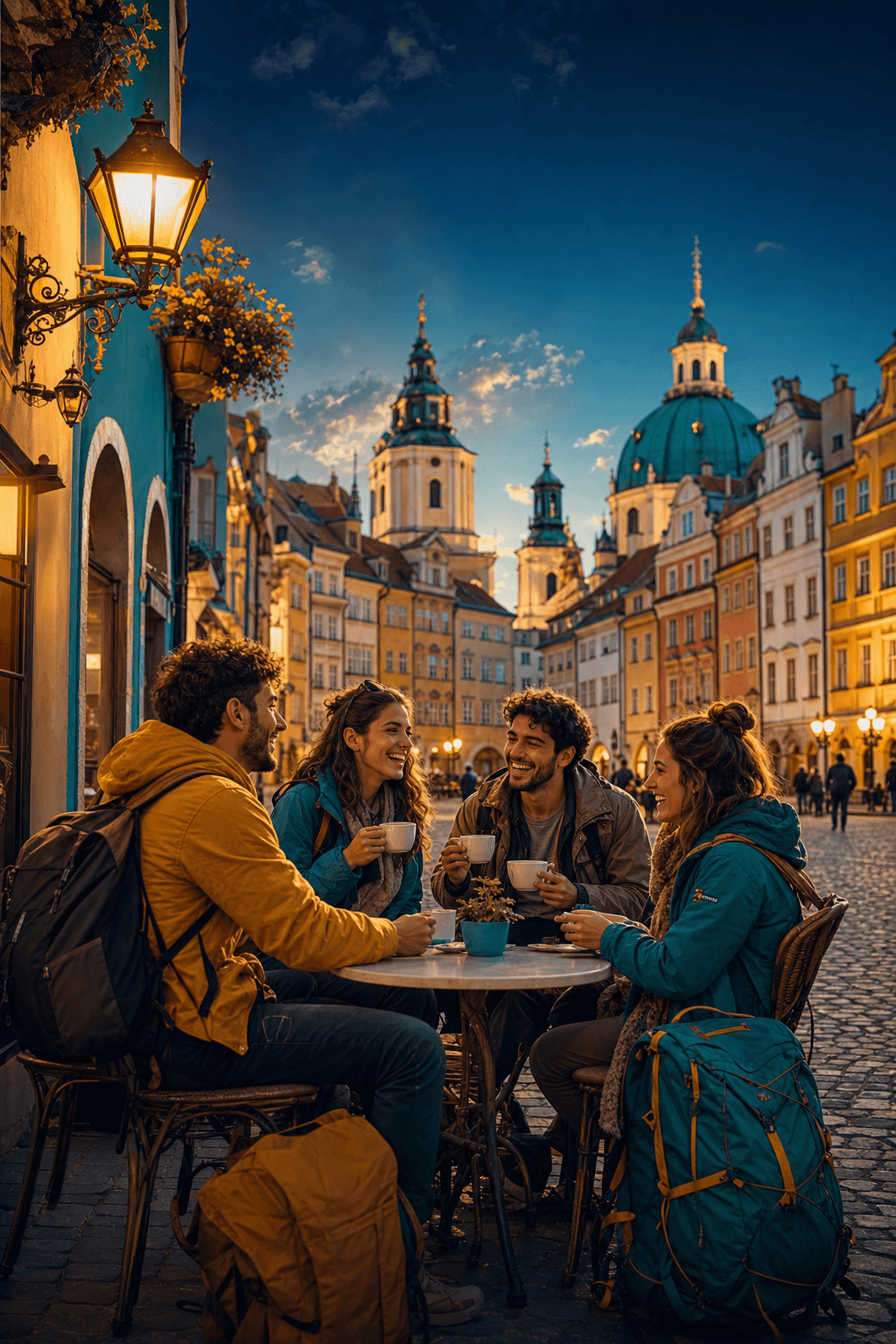 TRIPBROS slow travel group scene at a serene Eastern European old town square