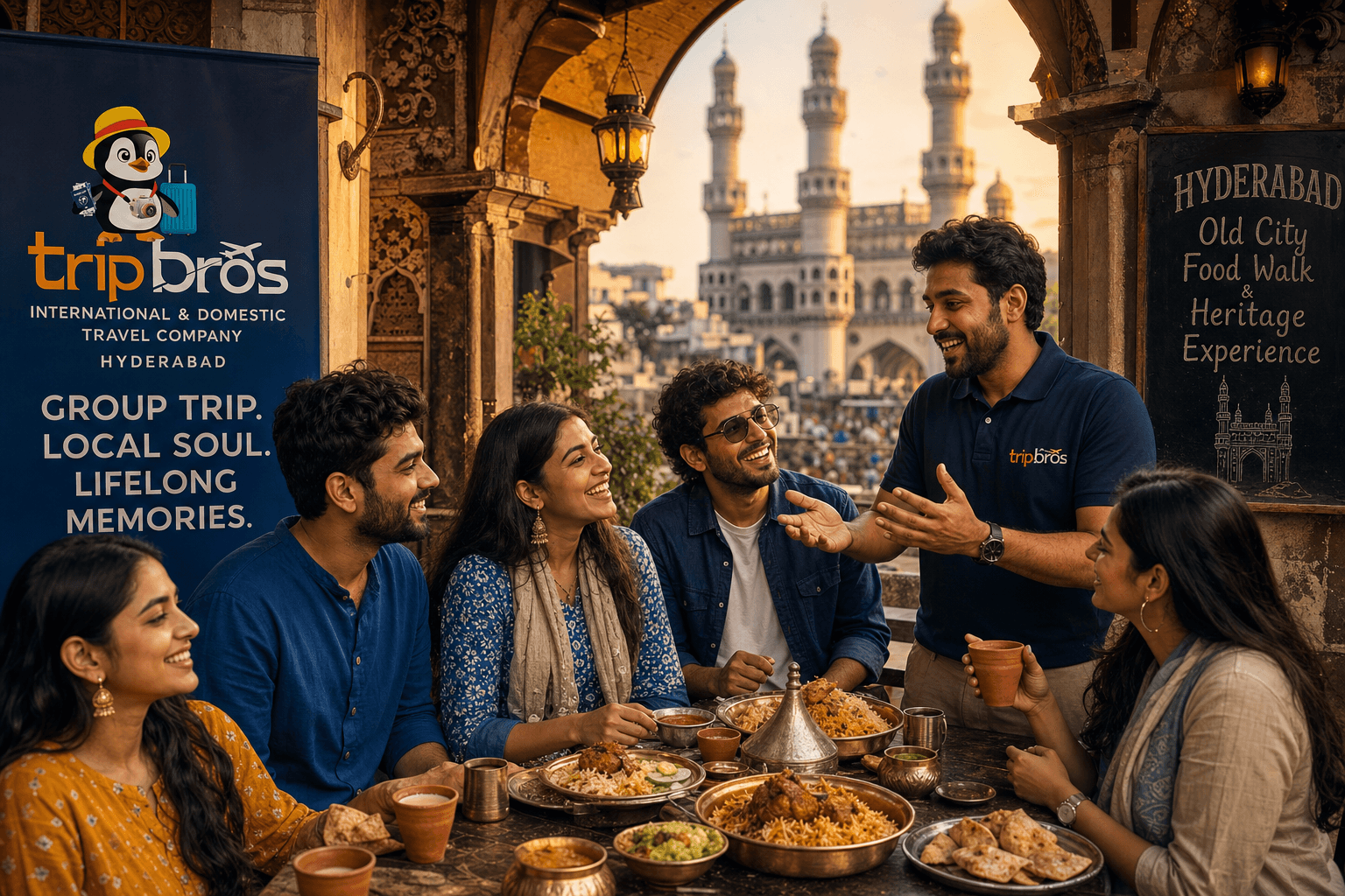 Small group of travellers sharing a traditional Hyderabadi feast at a heritage table with warm amber light