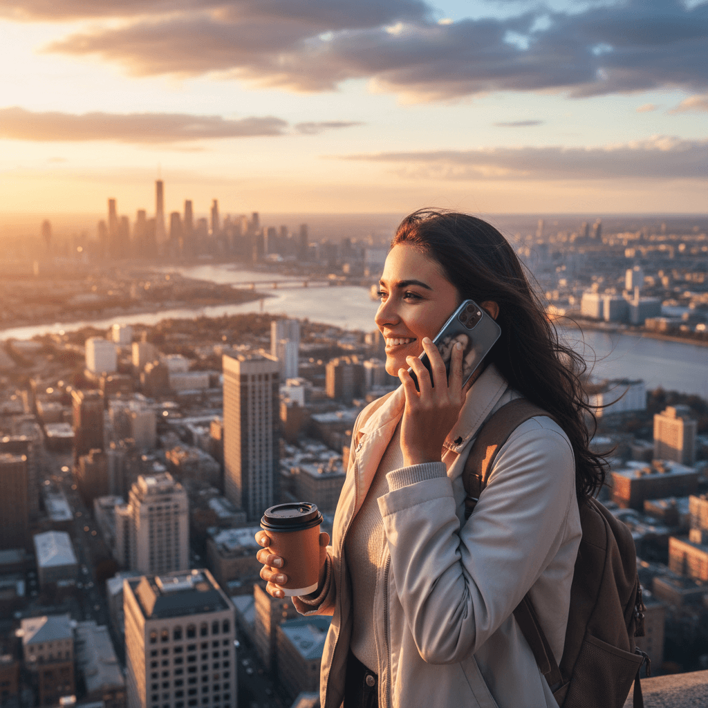 Traveler on a phone call, smiling against a city skyline