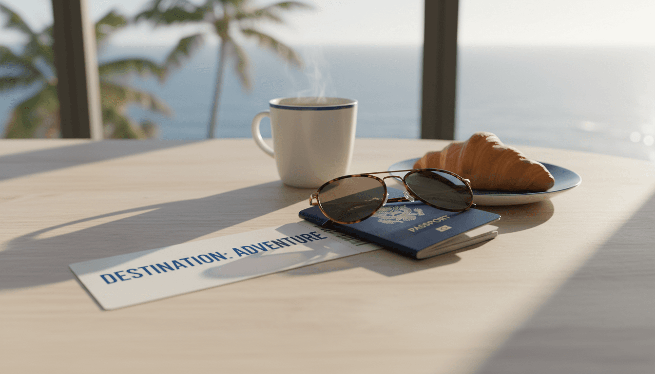 Neatly arranged airline ticket, passport, and sunglasses on a sunlit table