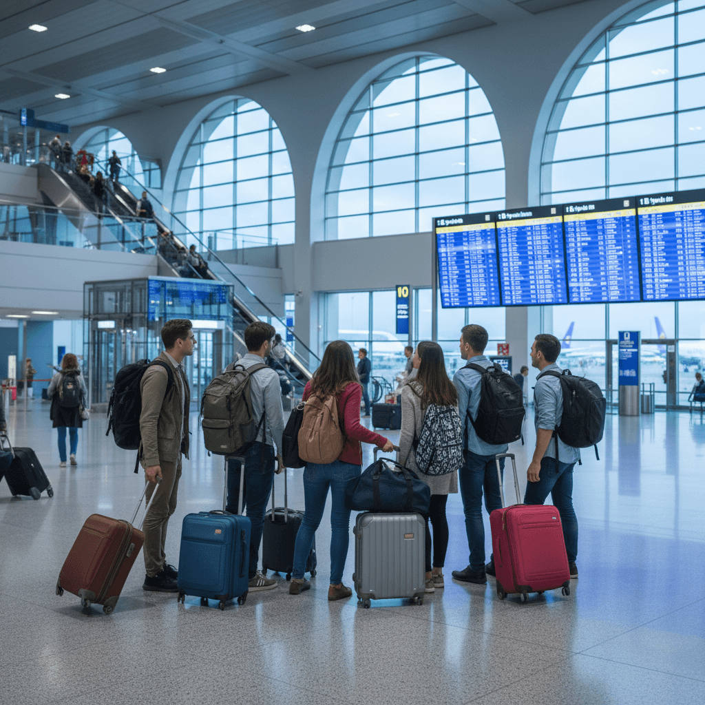 Small group of travelers with suitcases chatting at an airport terminal