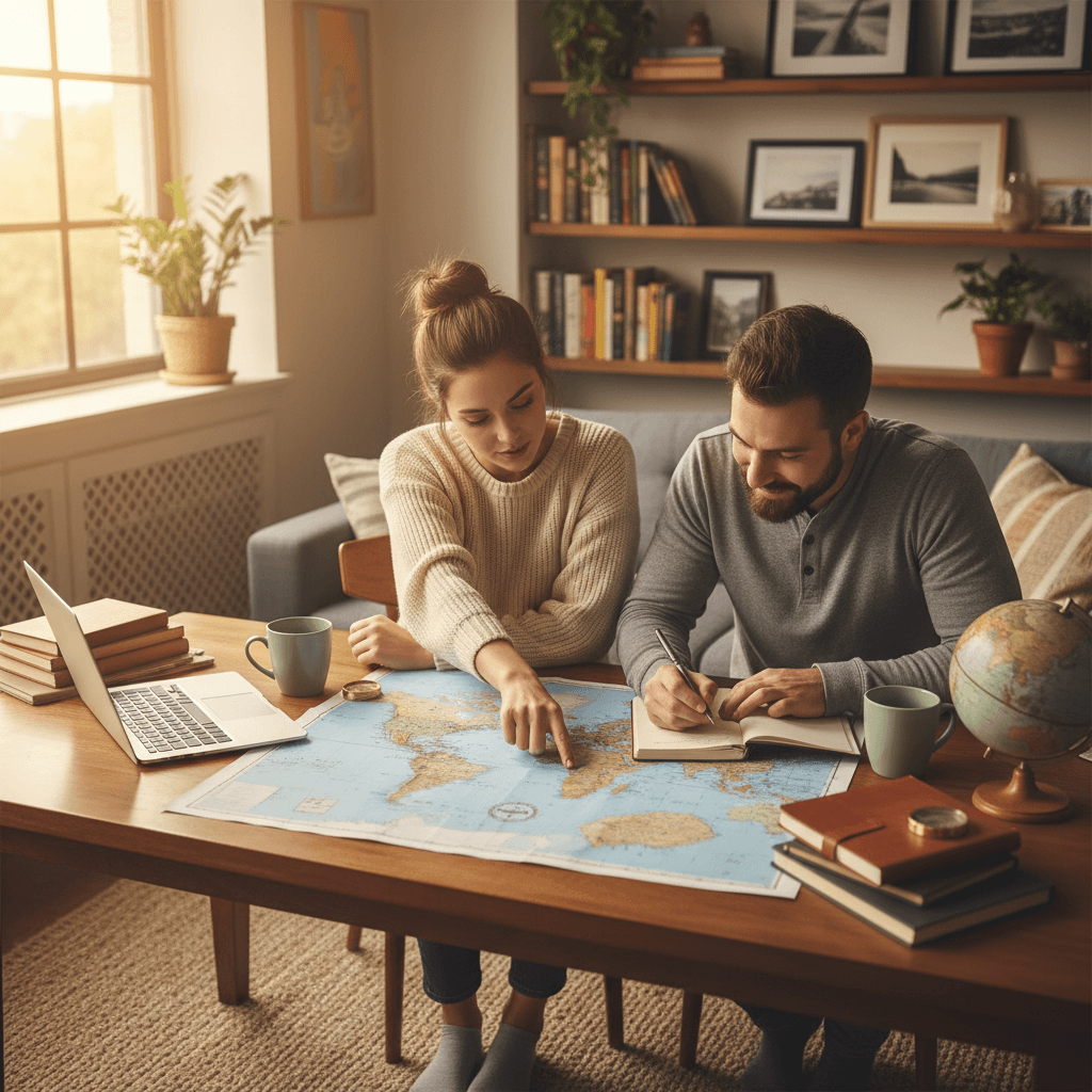 Couple sketching a flexible travel plan with maps and notes at home
