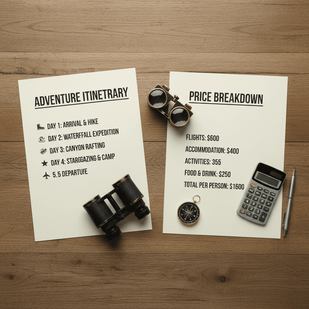 Itemized itinerary with transparent price breakdown on a wooden table
