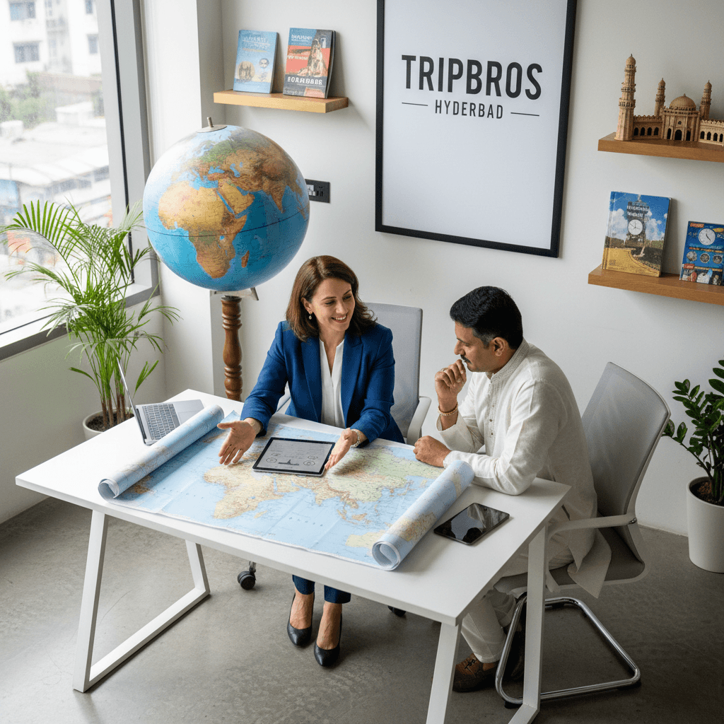 Travel planner reviewing a route map with a client at a desk