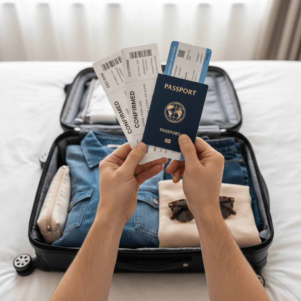 Confirmed tickets and travel documents in hands above a packed suitcase